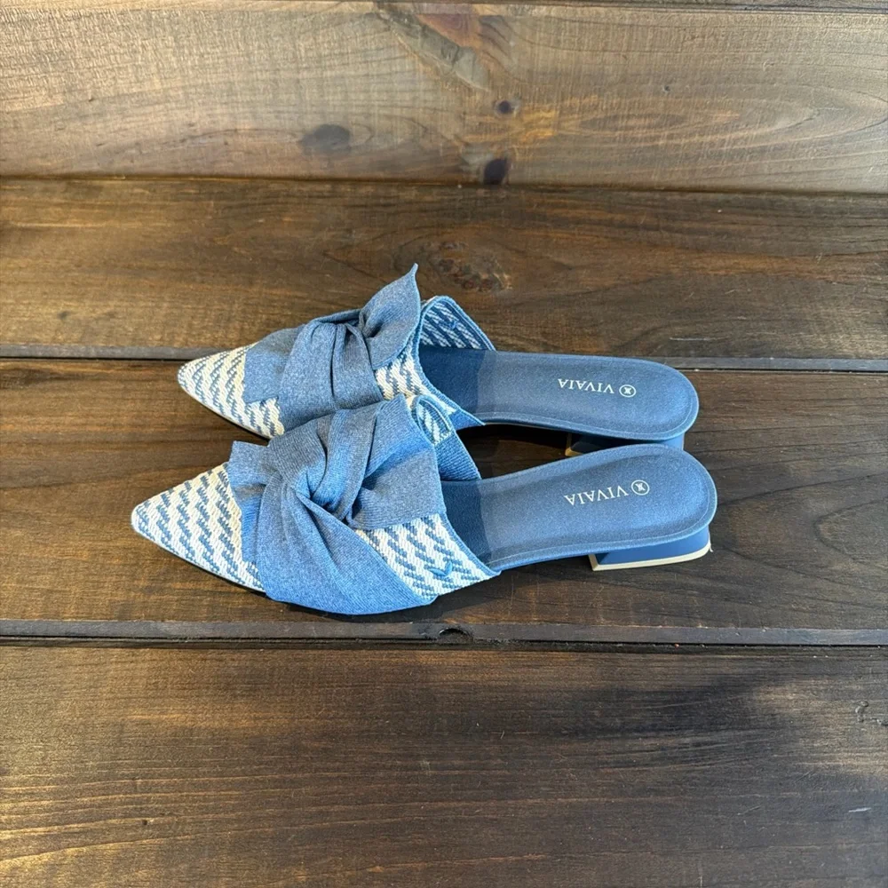 NEW Vivaia Yaffa Pointed Toe Knot Detail Blue Mules Flats Women Size 9 (40) - Picture 5 of 10